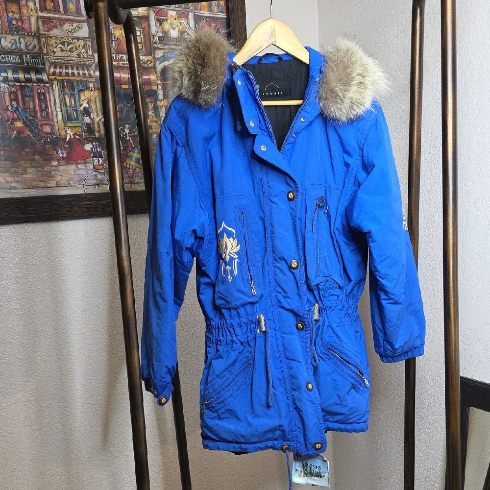 Bogner Blue Women's Ski Jacket with Fur Trim Hood Vintage Size 6